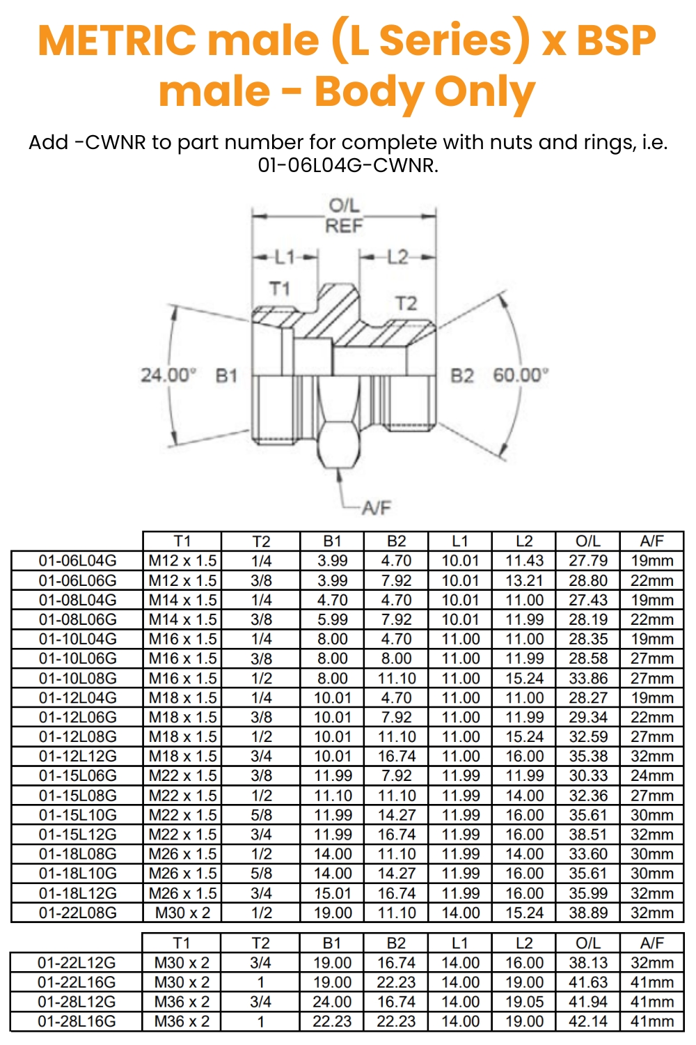 M12 (6L) x 1/4 BSP Coned M/M - Body Only Hydraulic Adaptor
